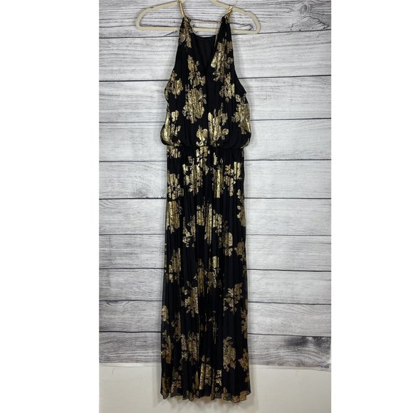 NWT MSK Metallic Print Pleated Blouson Gown Black Gold Sz 8 - Picture 2 of 15
